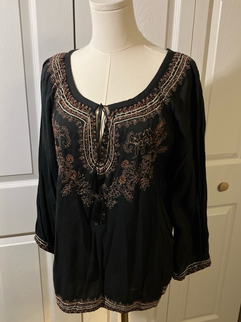 Lucky Brand Black Embroidered Peasant Tunic